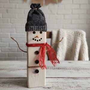 16" Poseable Wooden Block Snowman | Rustic Farmhouse Christmas Decor | Wool Sock